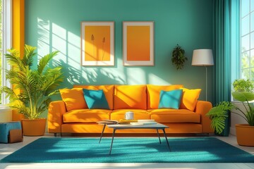Fototapeta premium Bright and Cheerful Living Room with Orange Sofa and Plants