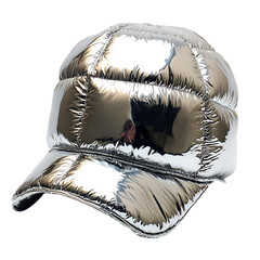 A Shiny Metallic Silver Puffer Hat Isolated on Transparent Background