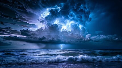 Fototapeta premium A dramatic thunderstorm over the ocean, with lightning bolts striking the water