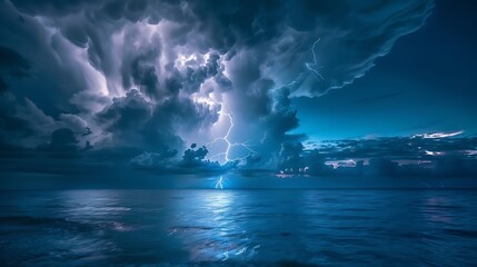 A dramatic thunderstorm over the ocean, with lightning bolts striking the water