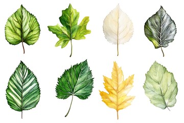 Green leaves collection isolated white background, hand painted foliage set floral design, nature watercolor botanical