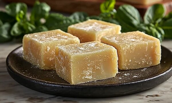 A close-up of four square pieces of traditional fudge on a dark plate, surrounded by fresh mint leaves