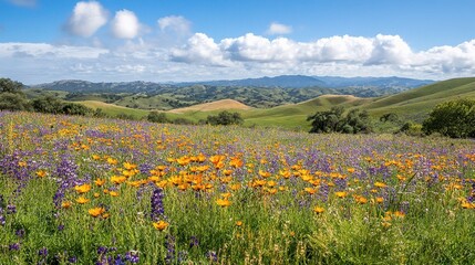 Obraz premium Colorful Wildflower Meadow in Full Bloom Under the Blue Sky