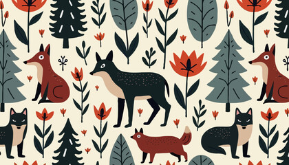 Colorful animal and floral pattern design featuring foxes and plants in a playful style
