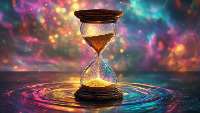 Enchanting Hourglass Against a Background of Magical, Swirling Colors and Ethereal Light Effects