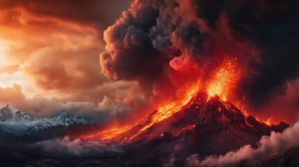 Fototapeta premium Nature photography erupting volcano creates fiery landscape aerial view