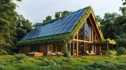 Obraz premium Eco-Friendly House Powered by Solar Energy Surrounded by Nature