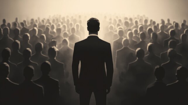 Dark suit stands before crowd in fog, back to viewer, confident posture. Illustrates leadership, taking charge, inspiring followers, vision, and power.