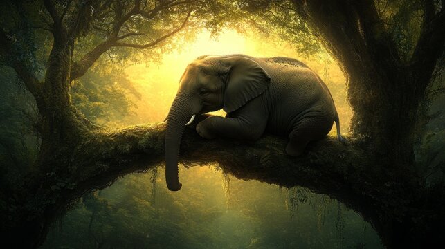 Majestic elephant resting on jungle branch, sunlit forest backdrop