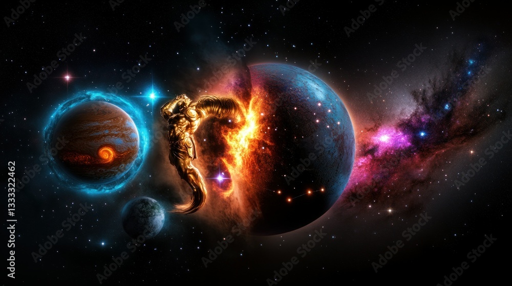 Poster cosmic collision planets exploding in space background