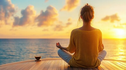 Woman meditating on wooden deck, ocean sunset