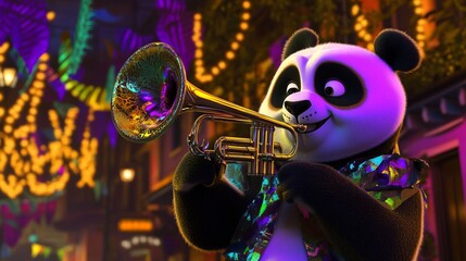 Fototapeta premium Art Cartoon Panda Scene Trumpet Orleans Gras Playing