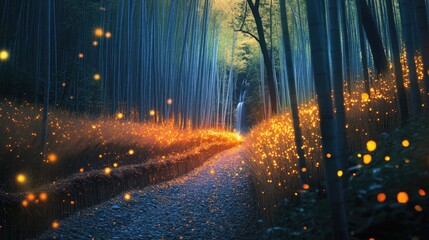 A scenic path through a vibrant glowing bamboo forest landscape