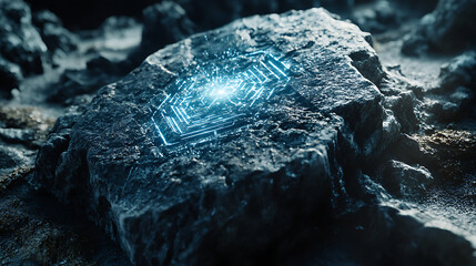 Realistic close-up animation of an ancient stone charm with futuristic engravings that activate when touched, releasing waves of energy 