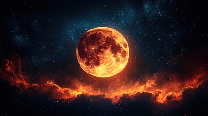 Obraz premium Fiery Blood Moon Rising Over Cosmic Clouds