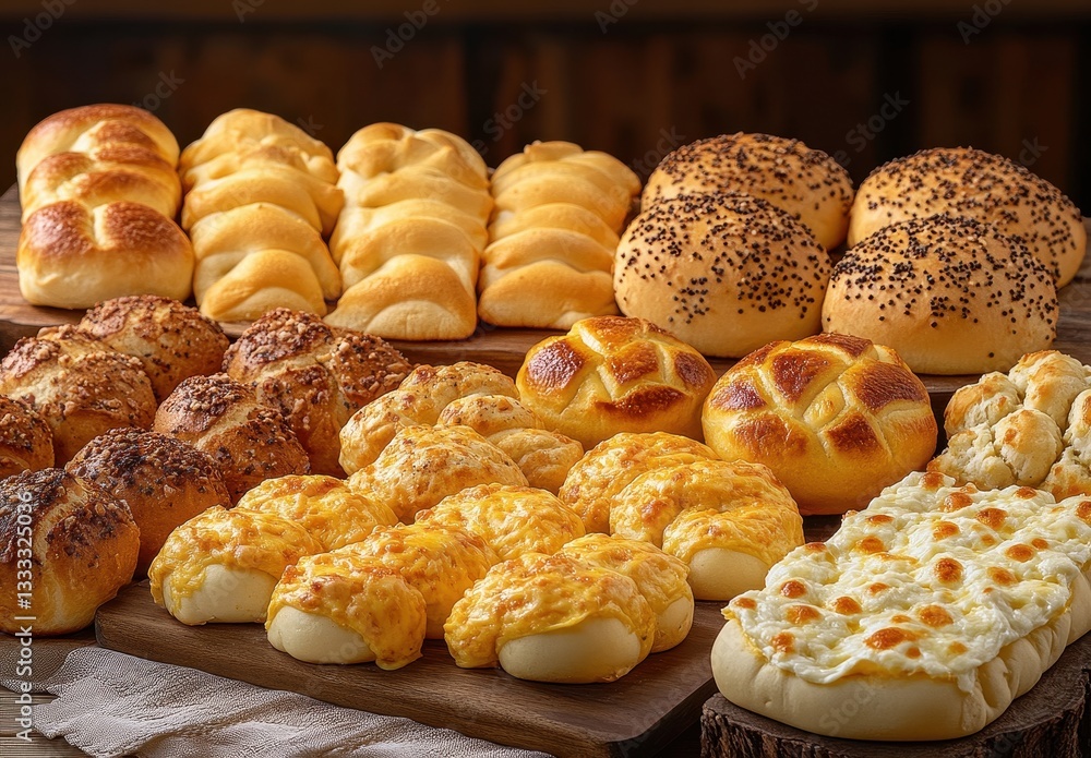 Poster Freshly Baked Assortment of Soft Bread Rolls with Various Toppings Ready for Delicious Enjoyment in a Rustic Setting