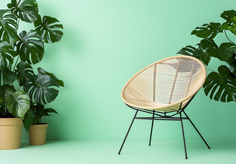 Stylish acapulco chair with lush green plants indoor decor minimalist aesthetic bright environment wide angle view