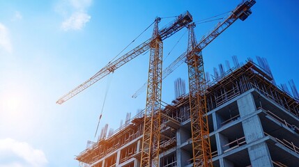 Crane Dominating Construction Site Against Blue Sky. Modern Urban Development and Construction Progress