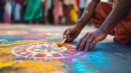 Pohela Boishakh celebrations, Colorful Sand Artist Creating Intricate alpana (traditional Bengali pattern) Design Close up View
