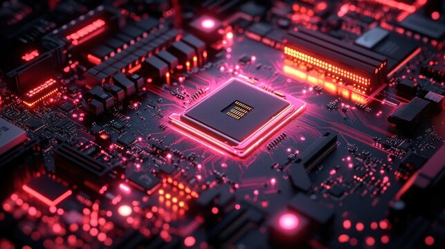 Glowing CPU on Motherboard, Circuitry, Technology, Red Lighting, Data Processing, Digital, Computing, Close-up, High-tech, Background