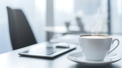 Enjoying a hot cup of coffee in a modern office setting with a laptop relaxed atmosphere close-up view