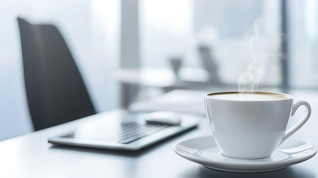 Enjoying a hot cup of coffee in a modern office setting with a laptop relaxed atmosphere close-up view