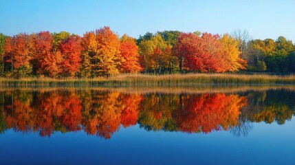 Fototapeta premium Autumn Reflection of Trees in a Still Lake Under Clear Sky
