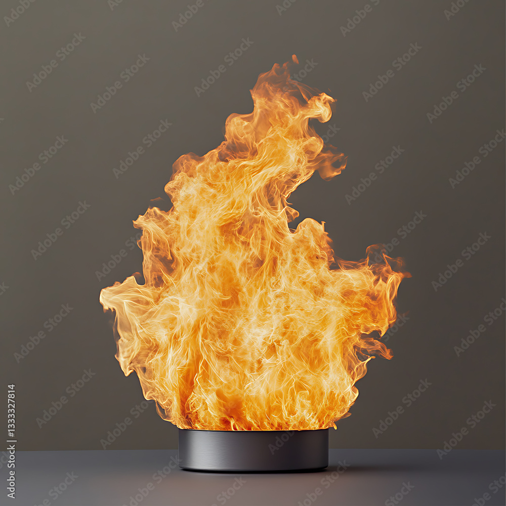 Poster dynamic fire flames erupting from metal container studio setting visual art minimalist background cl