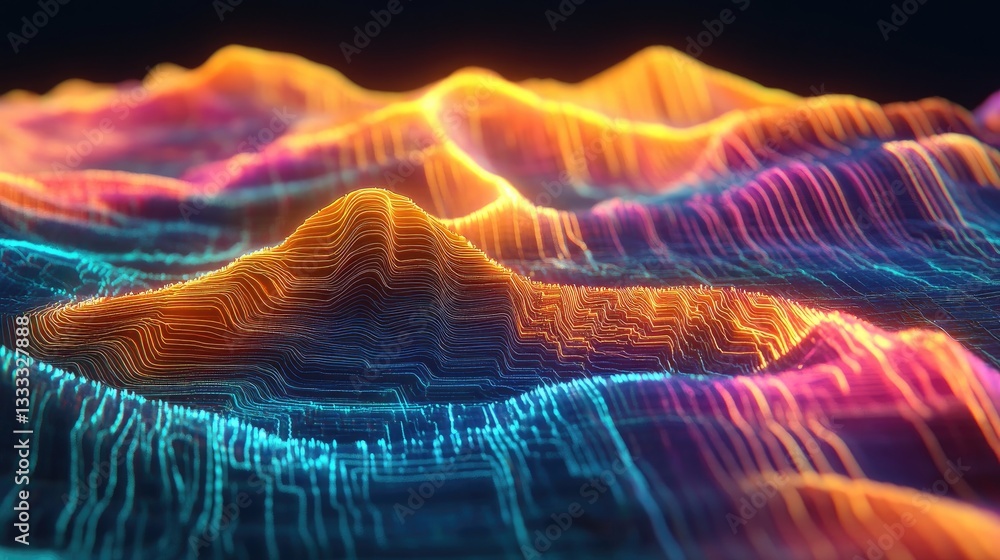 Poster vibrant abstract landscape with colorful waves of light and energy in a digital space environment