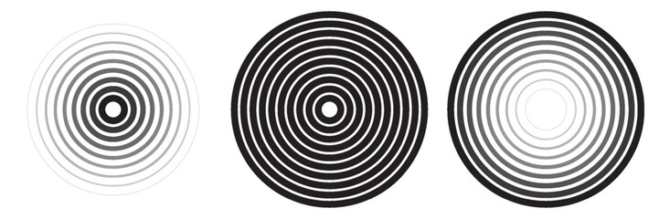 Abstract black concentric, hypnotic dotted and line circle elements isolated on a white background. Halftone ring polygon pattern. Geometric centric vector illustration