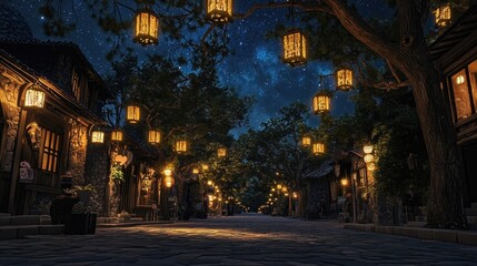 Fototapeta premium A cobblestone street is illuminated by ornate hanging lanterns at night