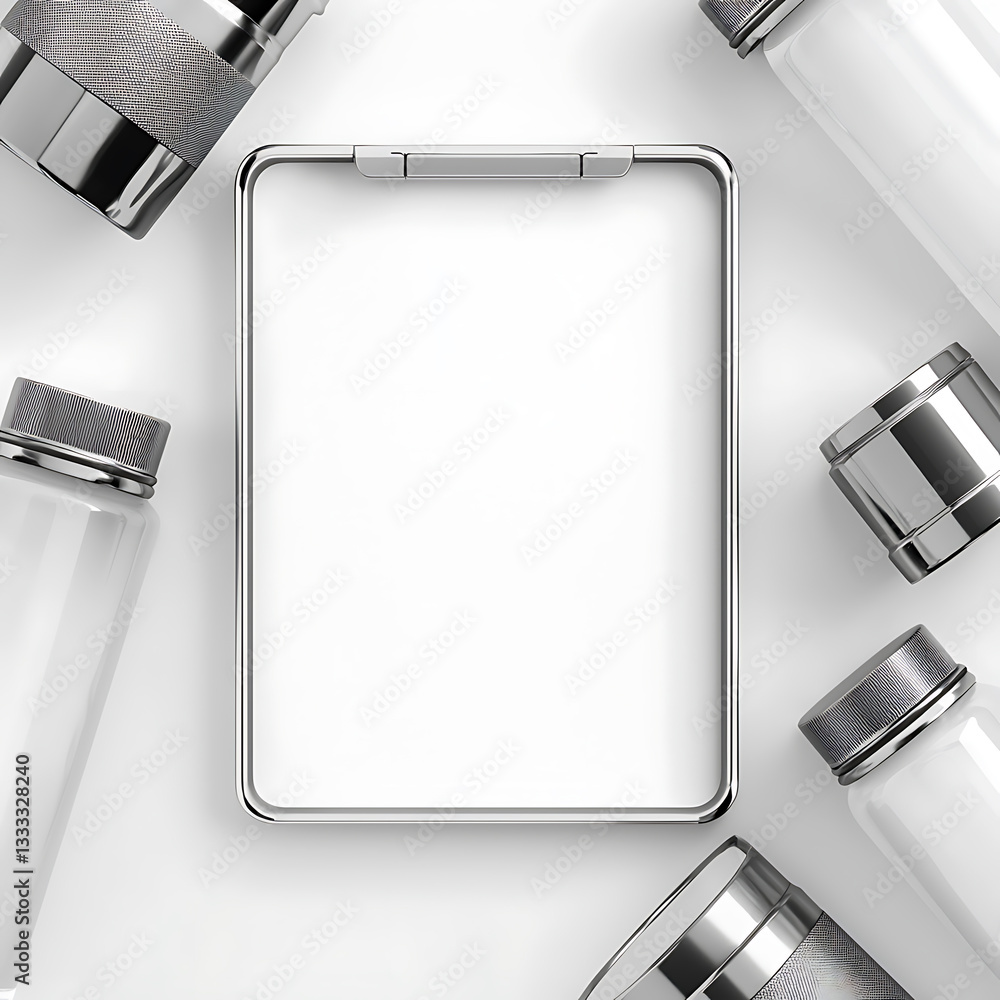 Poster creating a minimalist mockup displaying a blank frame surrounded by bottles studio digital art clean