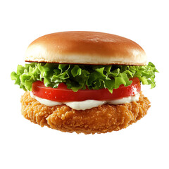 A Crispy Chicken Patty Sandwich with Lettuce Tomato and Mayo Isolated on Transparent Background