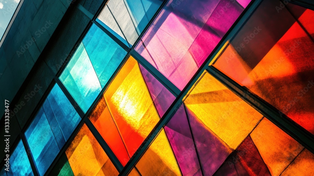 Poster vibrant reflections of colorful glass panels creating dynamic light patterns in contemporary archite
