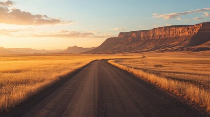 Naklejka premium A long winding road through a beautiful desert landscape at sunset