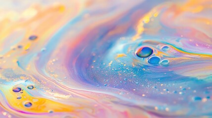 Colorful Swirls of Paint with Bubbles and Glitter on Canvas in Soft Pastel Shades of Pink, Blue, and Yellow