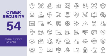 Cyber security icon set. Data protection related line icons: hacker, password, spam, antivirus, padlock, virus threat, phishing, firewall and more. Editable stroke. Vector illustration.
