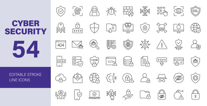 Cyber security icon set. Data protection related line icons: hacker, password, spam, antivirus, padlock, virus threat, phishing, firewall and more. Editable stroke. Vector illustration.