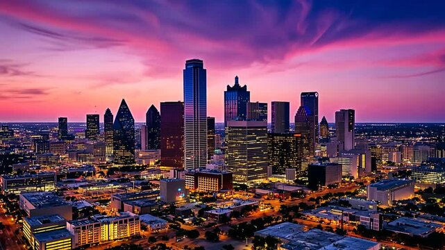 Magnificent aerial view of the Dallas cityscape during a vibrant sunset or sunrise scenery