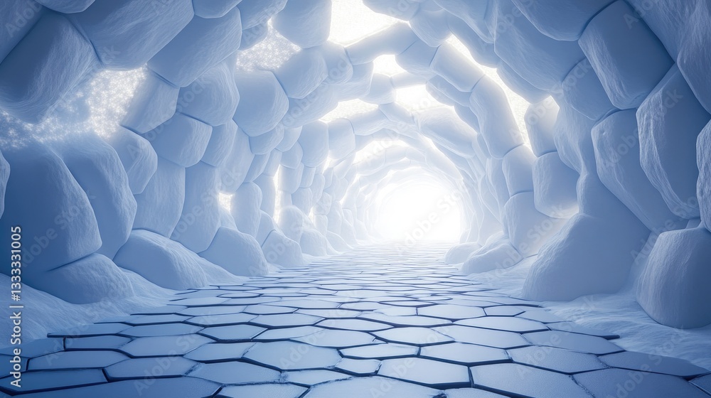 Poster ice cave with hexagonal rocks and bright light at the end of the tunnel