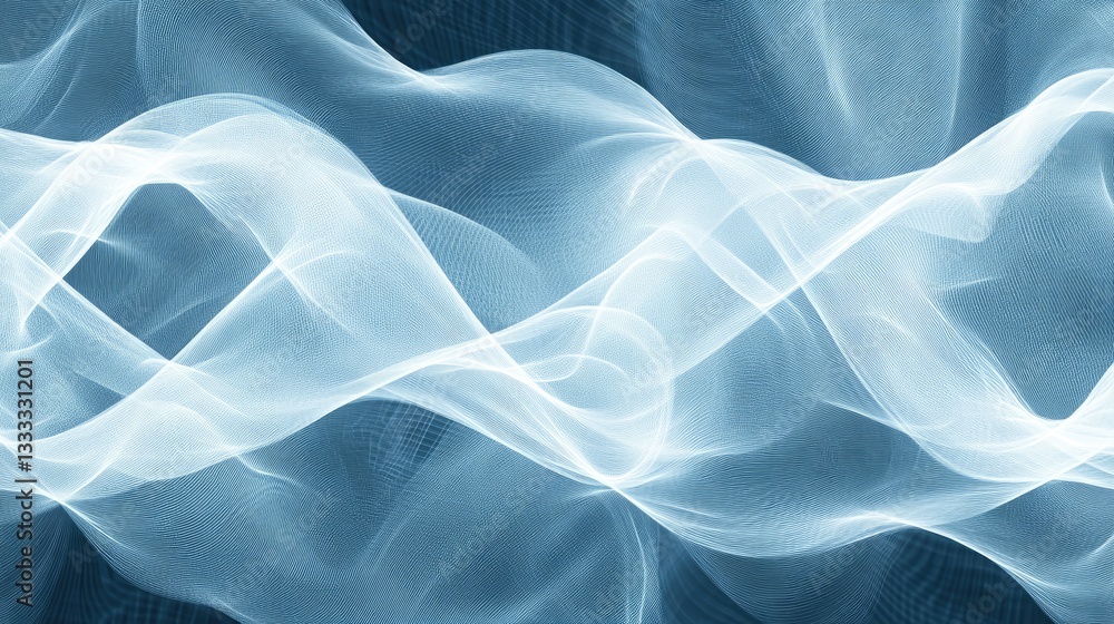 Poster ethereal flowing waves in soft blue and white with gentle light and fluid motion on a dark backgroun