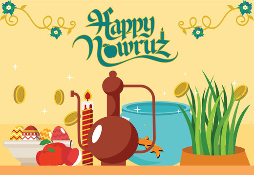 Happy Nowruz Illustration | Colorful Haft-Seen Table with Sabzeh, Goldfish, Apples, Candles & Persian Calligraphy | Festive Persian New Year Design for Cards, Posters, and Digital Art