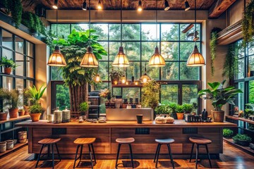 Fototapeta premium Indoor Cafe with Plants and Natural Light