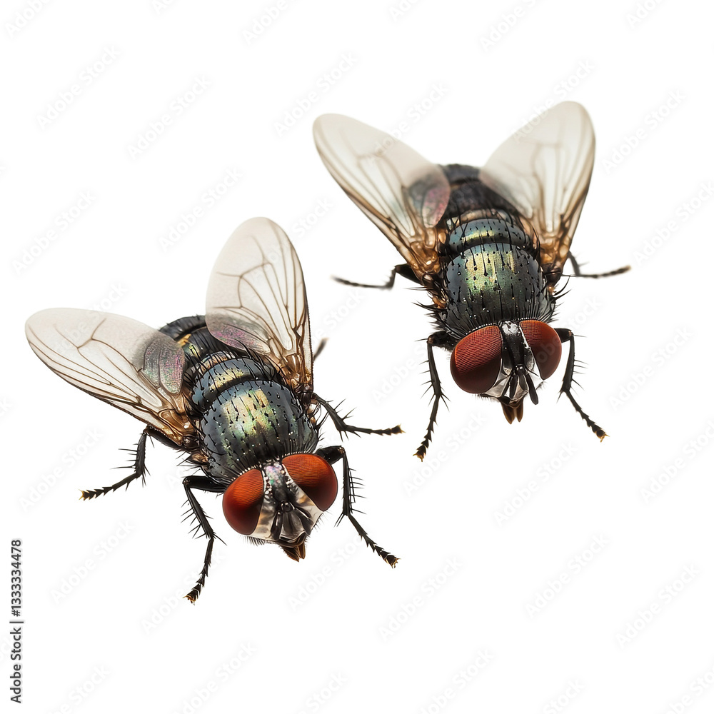 Poster detailed view of two houseflies on a transparent background showcasing their unique features, detail