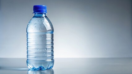 Fototapeta premium A transparent plastic bottle filled with clear water, topped with a blue cap and labeled for environmental conservation efforts, eco friendly, environment