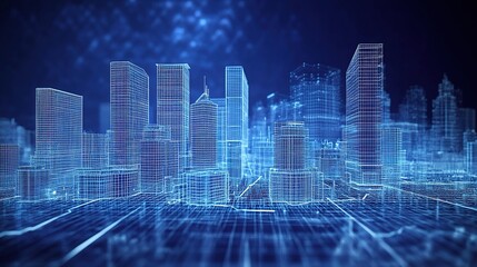 Fototapeta premium Abstract High-Tech 3D Wireframe Cityscape in Blue Digital Style