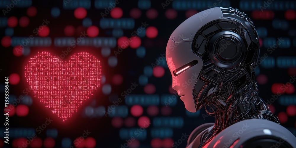 Poster a futuristic robot gazes at a glowing heart made of digital code, symbolizing the intersection of te