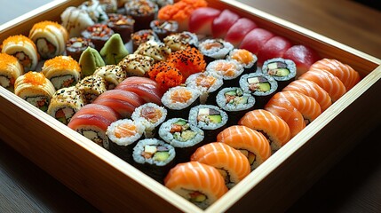 Exquisite sushi assortment in a wooden box