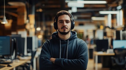 Obraz premium A confident young male software developer wears headphones in a modern office setting. He stands with arms crossed, showcasing a professional and focused approach to technology development.