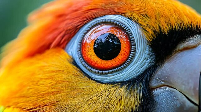 Extreme Close-Up of a Vibrant Sun Conure Parrot's Eye Revealing Intricate Details